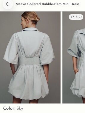 Maeve Sky Collared Puff-Sleeve Bubble-Hem Mini Dress